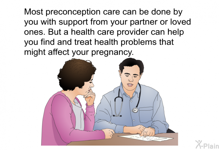 Most preconception care can be done by you with support from your partner or loved ones. But a health care provider can help you find and treat health problems that might affect your pregnancy.