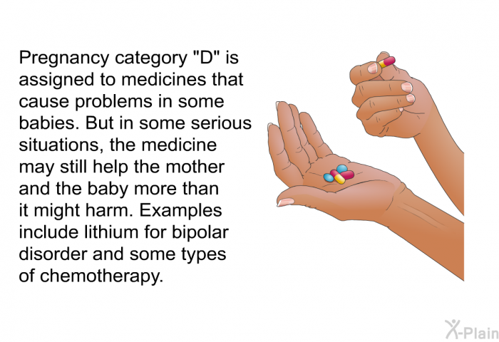 Pregnancy category “D” is assigned to medicines that cause problems in some babies. But in some serious situations, the medicine may still help the mother and the baby more than it might harm. Examples include lithium for bipolar disorder and some types of chemotherapy.