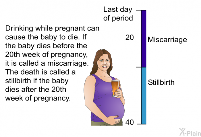 Drinking while pregnant can cause the baby to die. If the baby dies before the 20<SUP>th</SUP> week of pregnancy, it is called a miscarriage. The death is called a stillbirth if the baby dies after the 20<SUP>th</SUP> week of pregnancy.
