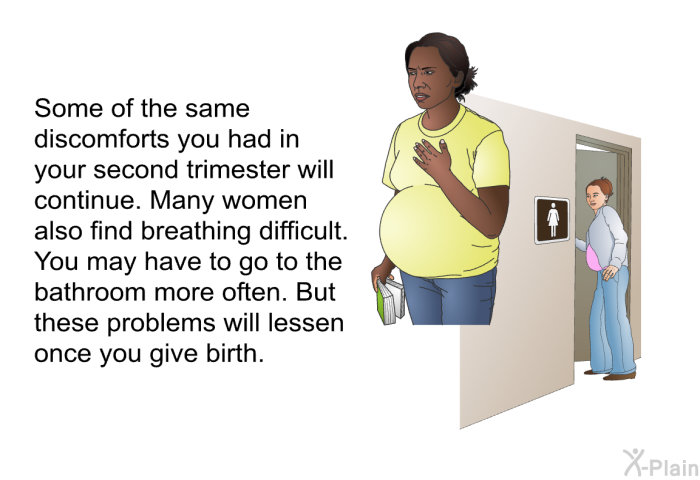 Some of the same discomforts you had in your second trimester will continue. Many women also find breathing difficult. You may have to go to the bathroom more often. But these problems will lessen once you give birth.