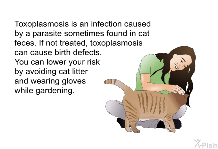 Toxoplasmosis is an infection caused by a parasite sometimes found in cat feces. If not treated, toxoplasmosis can cause birth defects. You can lower your risk by avoiding cat litter and wearing gloves while gardening.