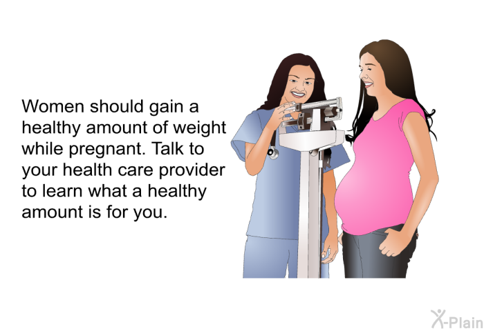 Women should gain a healthy amount of weight while pregnant. Talk to your health care provider to learn what a healthy amount is for you.
