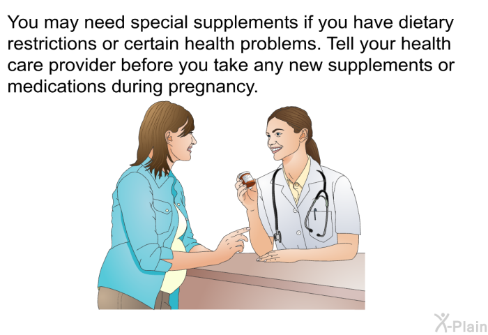 You may need special supplements if you have dietary restrictions or certain health problems. Tell your health care provider before you take any new supplements or medications during pregnancy.