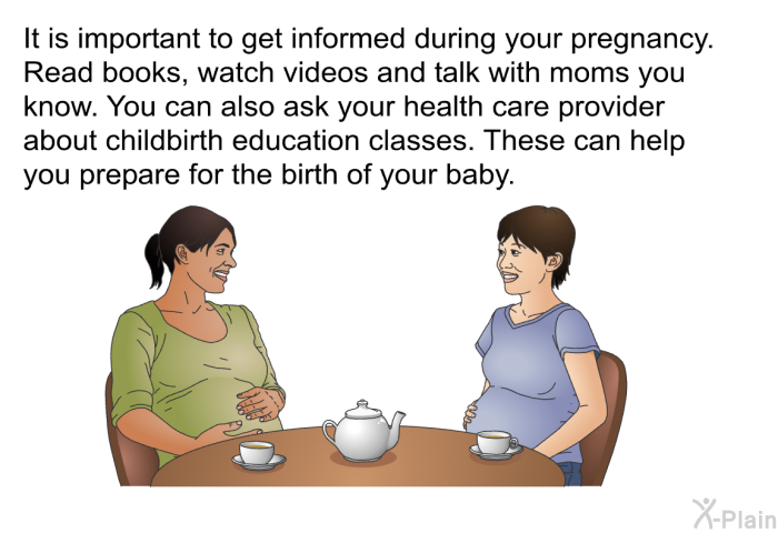 It is important to get informed during your pregnancy. Read books, watch videos and talk with moms you know. You can also ask your health care provider about childbirth education classes. These can help you prepare for the birth of your baby.