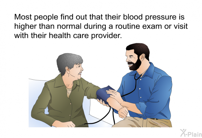 Most people find out that their blood pressure is higher than normal during a routine exam or visit with their health care provider.