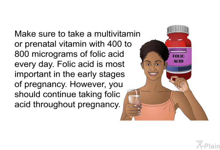 Make sure to take a multivitamin or prenatal vitamin with 400 to 800 micrograms of folic acid every day. Folic acid is most important in the early stages of pregnancy. However, you should continue taking folic acid throughout pregnancy.