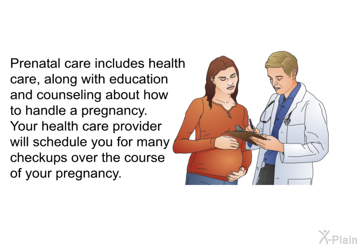 Prenatal care includes health care, along with education and counseling about how to handle a pregnancy. Your health care provider will schedule you for many checkups over the course of your pregnancy.