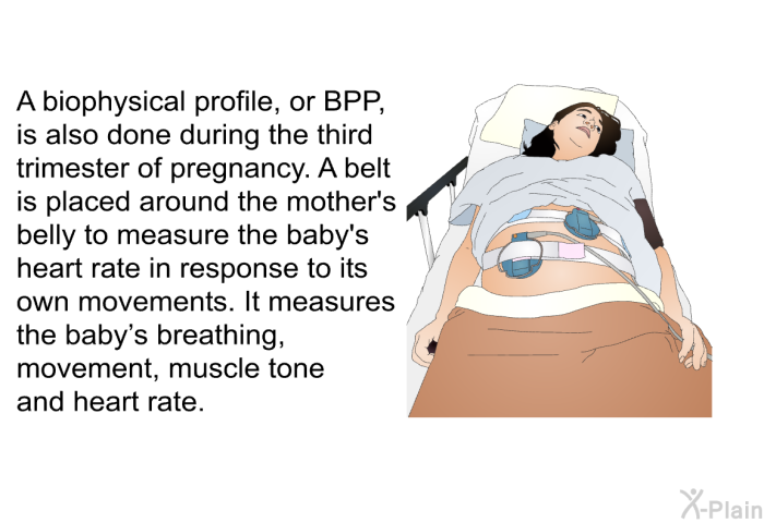 A biophysical profile, or BPP, is also done during the third trimester of pregnancy. A belt is placed around the mother's belly to measure the baby's heart rate in response to its own movements. It measures the baby's breathing, movement, muscle tone and heart rate.