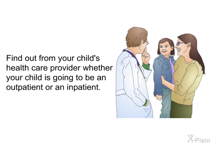 Find out from your child's health care provider whether your child is going to be an outpatient or an inpatient.