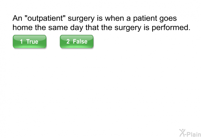 An "outpatient" surgery is when a patient goes home the same day that the surgery is performed.