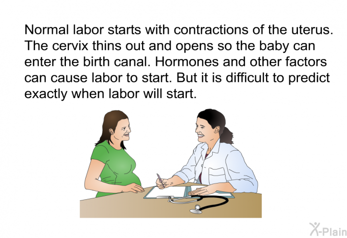Normal labor starts with contractions of the uterus. The cervix thins out and opens so the baby can enter the birth canal. Hormones and other factors can cause labor to start. But it is difficult to predict exactly when labor will start.