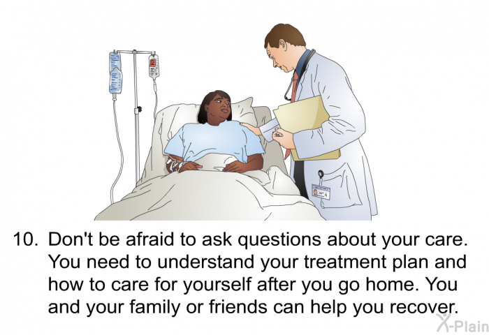 Don't be afraid to ask questions about your care. You need to understand your treatment plan and how to care for yourself after you go home. You and your family or friends can help you recover.