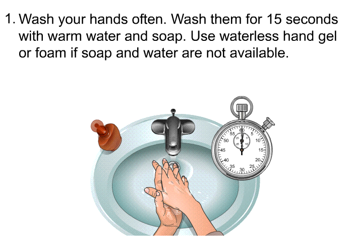 Wash your hands often. Wash them for 15 seconds with warm water and soap. Use waterless hand gel or foam if soap and water are not available.