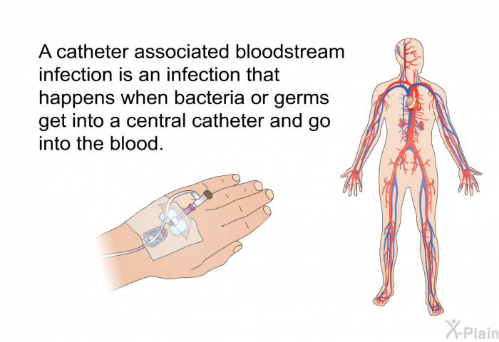 A catheter associated bloodstream infection is an infection that happens when bacteria or germs get into a central catheter and go into the blood.