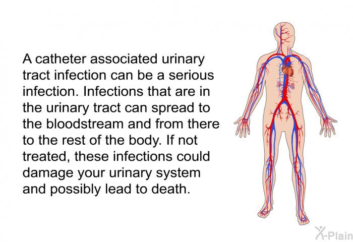 A catheter associated urinary tract infection can be a serious infection. Infections that are in the urinary tract can spread to the bloodstream and from there to the rest of the body. If not treated, these infections could damage your urinary system and possibly lead to death.