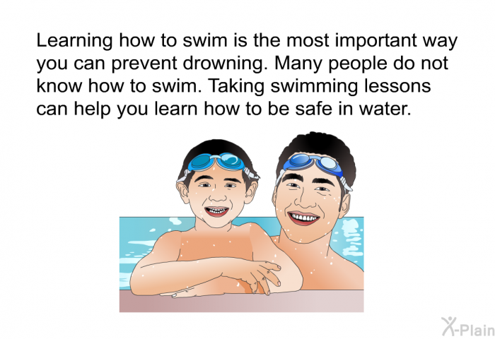 Learning how to swim is the most important way you can prevent drowning. Many people do not know how to swim. Taking swimming lessons can help you learn how to be safe in water.