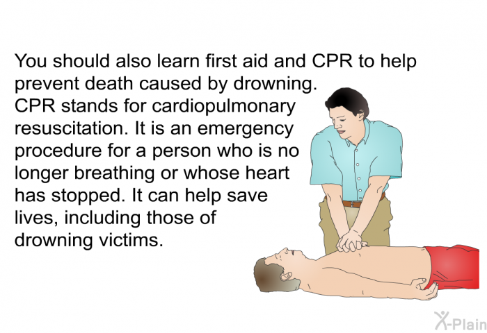You should also learn first aid and CPR to help prevent death caused by drowning. CPR stands for cardiopulmonary resuscitation. It is an emergency procedure for a person who is no longer breathing or whose heart has stopped. It can help save lives, including those of drowning victims.