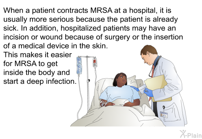 When a patient contracts MRSA at a hospital, it is usually more serious because the patient is already sick. In addition, hospitalized patients may have an incision or wound because of surgery or the insertion of a medical device in the skin. This makes it easier for MRSA to get inside the body and start a deep infection.