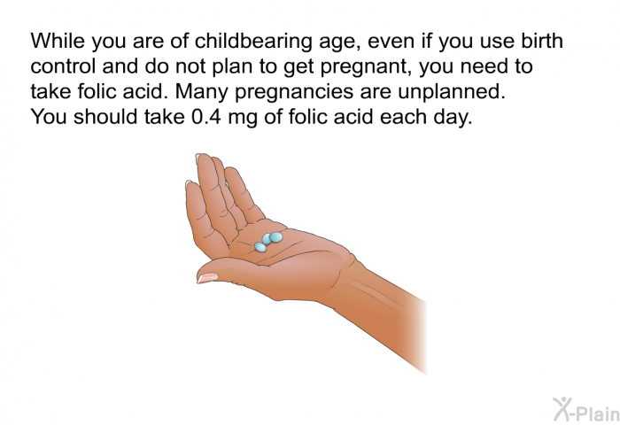 While you are of childbearing age, even if you use birth control and do not plan to get pregnant, you need to take folic acid. Many pregnancies are unplanned. You should take 0.4 mg of folic acid each day.