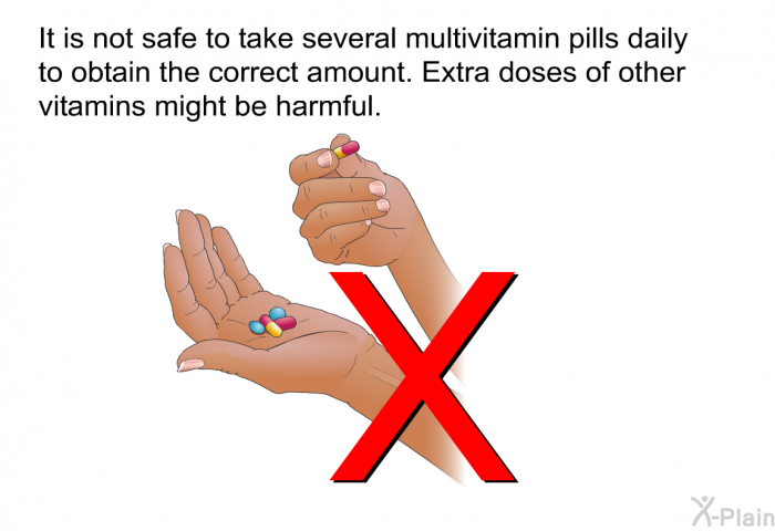 It is not safe to take several multivitamin pills daily to obtain the correct amount. Extra doses of other vitamins might be harmful.