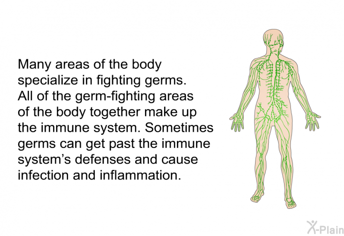 Many areas of the body specialize in fighting germs. All of the germ-fighting areas of the body together make up the immune system. Sometimes germs can get past the immune system's defenses and cause infection and inflammation.