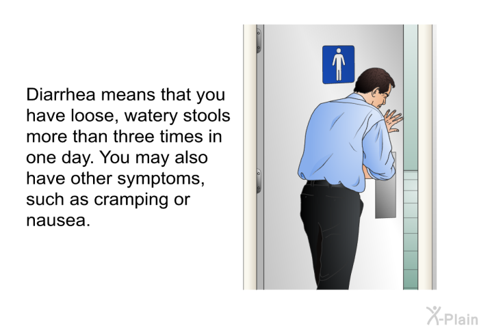 Diarrhea means that you have loose, watery stools more than three times in one day. You may also have other symptoms, such as cramping or nausea.