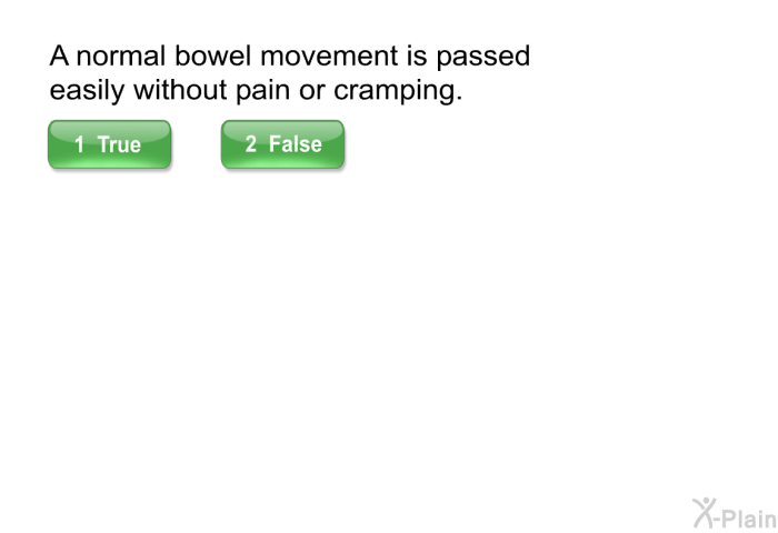 A normal bowel movement is passed easily without pain or cramping. Press True or False.