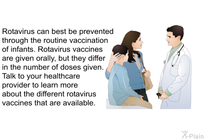 Rotavirus can best be prevented through the routine vaccination of infants. Rotavirus vaccines are given orally, but they differ in the number of doses given. Talk to your healthcare provider to learn more about the different rotavirus vaccines that are available.