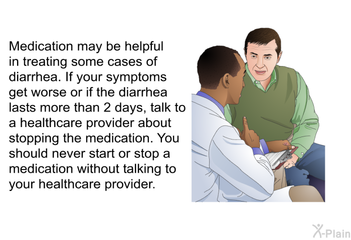 Medication may be helpful in treating some cases of diarrhea. If your symptoms get worse or if the diarrhea lasts more than 2 days, talk to a healthcare provider about stopping the medication. You should never start or stop a medication without talking to your healthcare provider.