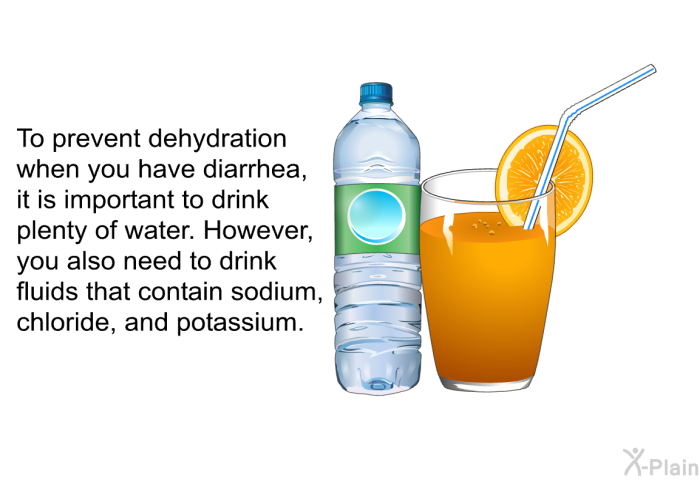 To prevent dehydration when you have diarrhea, it is important to drink plenty of water. However, you also need to drink fluids that contain sodium, chloride, and potassium.