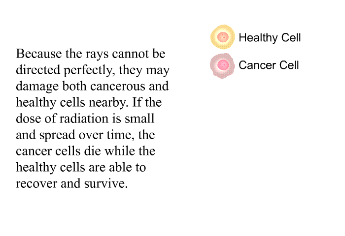 Because the rays cannot be directed perfectly, they may damage both cancerous and healthy cells nearby. If the dose of radiation is small and spread over time, the cancer cells die while the healthy cells are able to recover and survive.