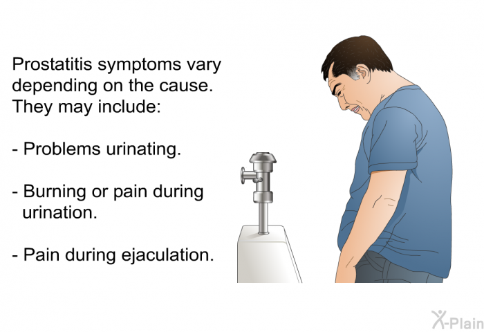 Prostatitis symptoms vary depending on the cause. They may include:  Problems urinating. Burning or pain during urination. Pain during ejaculation.