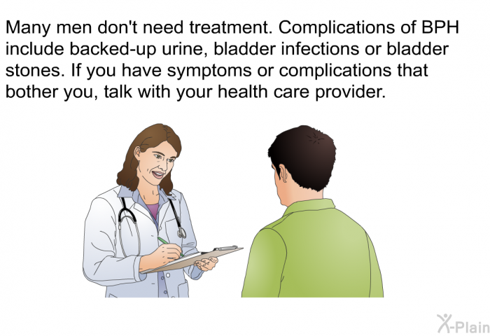 Many men don't need treatment. Complications of BPH include backed-up urine, bladder infections or bladder stones. If you have symptoms or complications that bother you, talk with your health care provider.