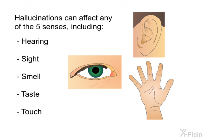 Hallucinations can affect any of the 5 senses, including:  Hearing Sight Smell Taste Touch