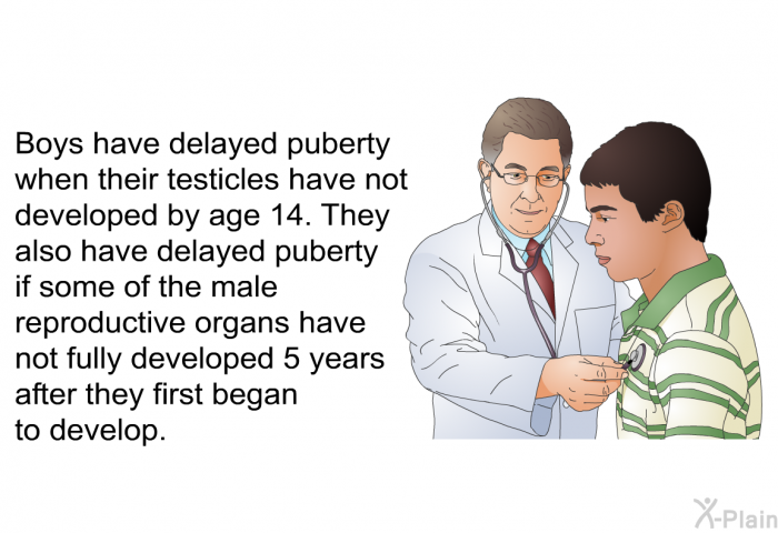 Boys have delayed puberty when their testicles have not developed by age 14. They also have delayed puberty if some of the male reproductive organs have not fully developed 5 years after they first began to develop.