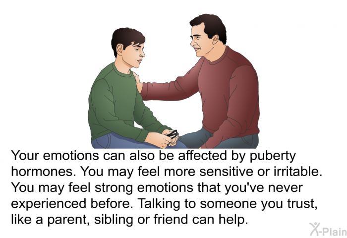 Your emotions can also be affected by puberty hormones. You may feel more sensitive or irritable. You may feel strong emotions that you've never experienced before. Talking to someone you trust, like a parent, sibling or friend can help.