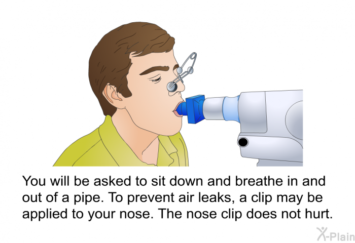You will be asked to sit down and breathe in and out of a pipe. To prevent air leaks, a clip may be applied to your nose. The nose clip does not hurt.