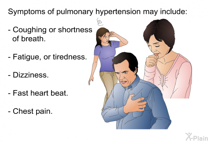 Symptoms of pulmonary hypertension may include:  Coughing or shortness of breath. Fatigue, or tiredness. Dizziness. Fast heart beat. Chest pain.