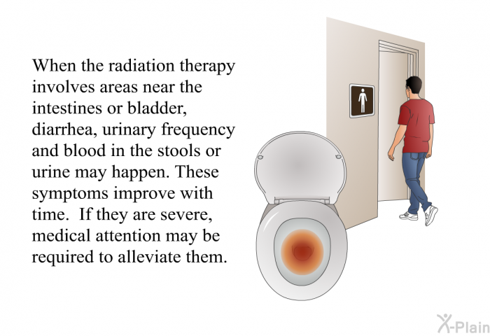 When the radiation therapy involves areas near the intestines or bladder, diarrhea, urinary frequency and blood in the stools or urine may happen. These symptoms improve with time. If they are severe, medical attention may be required to alleviate them.