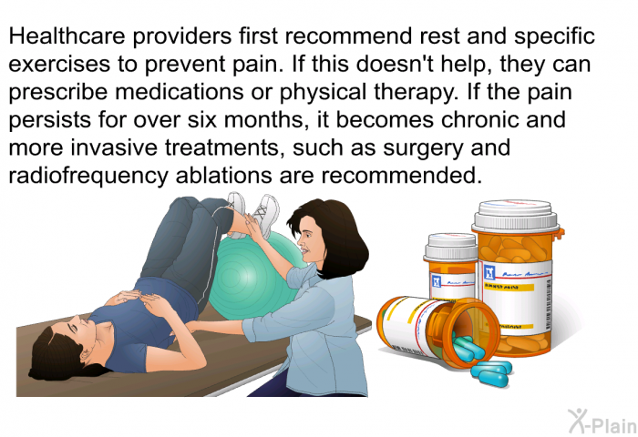 Healthcare providers first recommend rest and specific exercises to prevent pain. If this doesn't help, they can prescribe medications or physical therapy. If the pain persists for over six months, it becomes chronic and more invasive treatments, such as surgery and radiofrequency ablations are recommended.