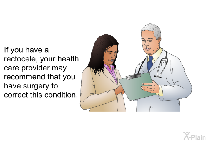 If you have a rectocele, your health care provider may recommend that you have surgery to correct this condition.