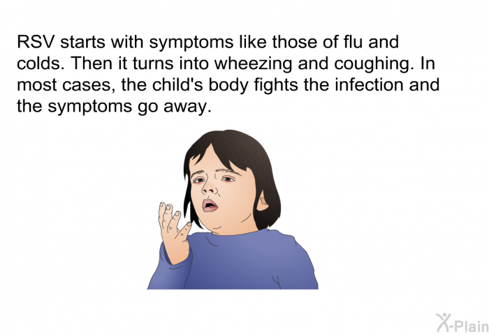 RSV starts with symptoms like those of flu and colds. Then it turns into wheezing and coughing. In most cases, the child's body fights the infection and the symptoms go away.