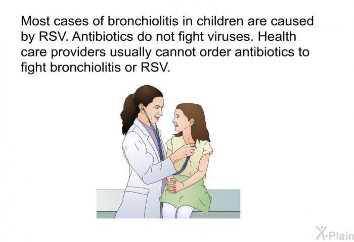 Most cases of bronchiolitis in children are caused by RSV. Antibiotics do not fight viruses. Health care providers usually cannot order antibiotics to fight bronchiolitis or RSV.