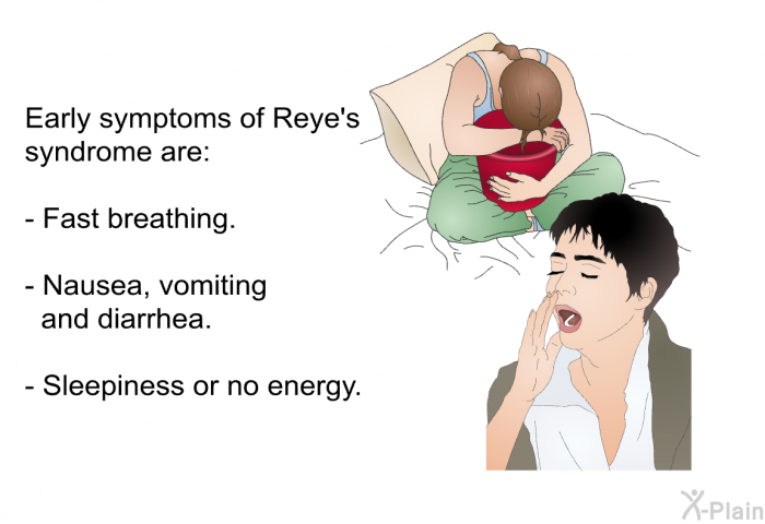 Early symptoms of Reye's syndrome are:  Fast breathing. Nausea, vomiting and diarrhea. Sleepiness or no energy.