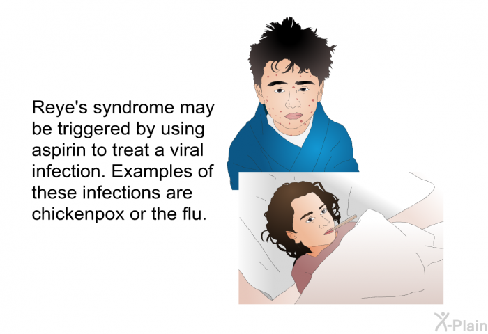 Reye's syndrome may be triggered by using aspirin to treat a viral infection. Examples of these infections are chickenpox or the flu.