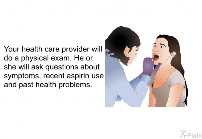 Your health care provider will do a physical exam. He or she will ask questions about symptoms, recent aspirin use and past health problems.
