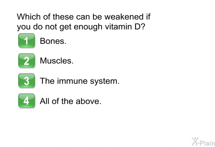 Which of these can be weakened if you do not get enough vitamin D?  Bones. Muscles. The immune system. All of the above.