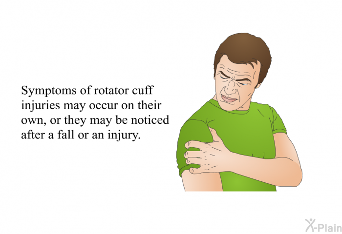 Symptoms of rotator cuff injuries may occur on their own, or they may be noticed after a fall or an injury.