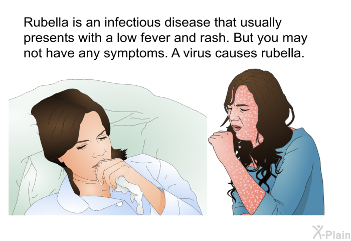 Rubella is an infectious disease that usually presents with a low fever and rash. But you may not have any symptoms. A virus causes rubella.