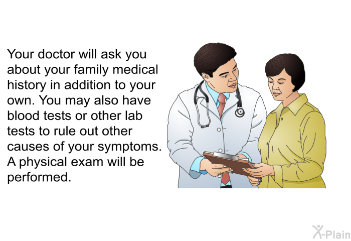 Your doctor will ask you about your family medical history in addition to your own. You may also have blood tests or other lab tests to rule out other causes of your symptoms. A physical exam will be performed.